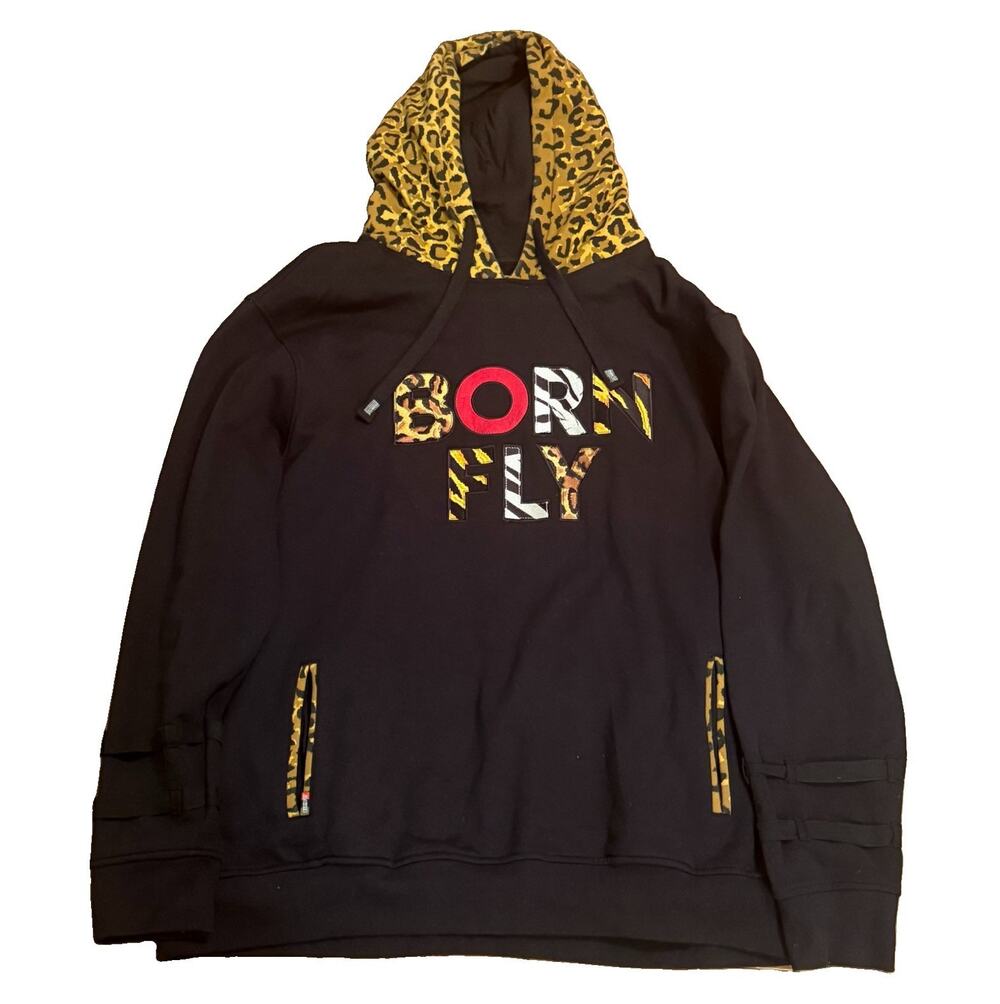 Born Fly Men’s Pullover Hoodie Leopard Animal Print Hood Pockets Black 3XL
